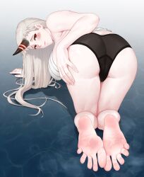 Rule 34 | 1girl, ass, barefoot, blush, feet, highres, horns, kantai collection, long hair, looking at viewer, panties, red eyes, seaport princess, single horn, smile, soles, steam, toes, underwear, wd1113, white hair