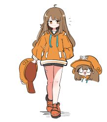 Rule 34 | 1girl, ahoge, bike shorts, brown hair, cabbie hat, chibi, chibi inset, closed mouth, drawstring, guilty gear, hat, hat ornament, holding, holding clothes, holding hat, hood, hood down, hoodie, jacket, light blush, long hair, long sleeves, malrangdonut, may (guilty gear), notice lines, orange eyes, orange footwear, orange hat, orange hoodie, orange jacket, shirt, shoes, simple background, skull and crossbones, skull hat ornament, smile, solo, split mouth, unworn hat, unworn headwear, white background