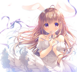 Rule 34 | 1girl, :o, ahoge, animal ears, backlighting, blush, braid, breasts, brown hair, commentary request, detached sleeves, dress, floating hair, flower, hair between eyes, hair flower, hair ornament, hair ribbon, holding, holding flower, long hair, looking at viewer, medium breasts, original, parted lips, puffy short sleeves, puffy sleeves, rabbit ears, red eyes, ribbon, short sleeves, sleeveless, sleeveless dress, solo, very long hair, white background, white dress, white flower, white ribbon, white sleeves, wind, yukie (peach candy)