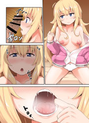 Rule 34 | 1boy, 1girl, absurdres, alternate breast size, bar censor, blonde hair, blue eyes, blush, bon (moegomi), breasts, breasts apart, censored, closed mouth, collarbone, erection, finger in own mouth, frown, gabriel dropout, gabriel tenma white, hair between eyes, head tilt, heavy breathing, hetero, highres, jacket, long hair, long sleeves, looking at penis, looking at viewer, looking away, medium breasts, motion lines, nipples, nose blush, open clothes, open jacket, open mouth, oral invitation, panties, parted lips, penis, penis awe, penis shadow, saliva, shadow, sitting, solo focus, sweatdrop, tongue, underwear, veins, veiny penis, very long hair, white panties