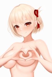 Rule 34 | 1girl, blonde hair, bob cut, breasts, closed mouth, collarbone, completely nude, dot nose, hair ribbon, heart, heart-shaped boob challenge, heart hands, highres, large breasts, looking at viewer, lycoris recoil, nishikigi chisato, nude, one side up, re butayarou, red eyes, red ribbon, ribbon, short hair, smile, solo, upper body