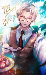 Rule 34 | 1boy, :d, artist name, birthday, brown vest, cake, collared shirt, food, fruit, glasses, happy birthday, highres, long sleeves, looking at viewer, necktie, open mouth, red necktie, ruriswhite, shirt, short hair, smile, solo, strawberry, tears of themis, vest, vyn richter (tears of themis), white hair, white shirt, yellow eyes