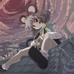 Rule 34 | &gt; &lt;, 1girl, animal ears, bag, basket, capelet, closed eyes, cloud, dress, eating, female focus, food, grey dress, grey hair, highres, long sleeves, looking at viewer, mouse (animal), mouse ears, mouse tail, nazrin, night, red eyes, rooftop, shirt, sitting, sky, smirk, star (sky), syope, tail, touhou, tree