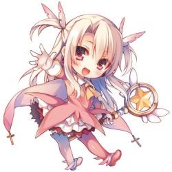 Rule 34 | 1girl, :d, ascot, blonde hair, boots, bow, chibi, dress, fate/kaleid liner prisma illya, fate (series), full body, gloves, hair bow, holding, holding wand, illyasviel von einzbern, kaleidostick, long hair, looking at viewer, magical girl, magical ruby, open mouth, pink dress, pink footwear, prisma illya, red eyes, simple background, smile, solo, toosaka asagi, two side up, wand, white background, white gloves, yellow ascot