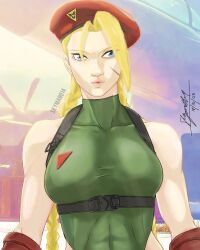 Rule 34 | 1girl, abs, bare shoulders, blonde hair, braid, breasts, cammy white, hat, highres, large breasts, leotard, lips, long hair, scar, scar on face, skyman014, sleeveless, street fighter, upper body