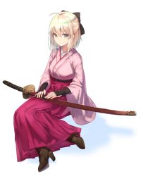 Rule 34 | 1girl, a.t. zero, ahoge, black bow, blonde hair, blush, boots, bow, closed mouth, fate (series), full body, green eyes, hair between eyes, hair bow, hakama, hakama skirt, half updo, high heel boots, high heels, highres, japanese clothes, katana, kimono, koha-ace, looking at viewer, meiji schoolgirl uniform, okita souji (fate), okita souji (koha-ace), pink kimono, pink skirt, pleated skirt, sheath, sheathed, simple background, sitting, skirt, smile, solo, sword, weapon, white background, wide sleeves