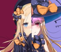 Rule 34 | 2girls, abigail williams (fate), abigail williams (second ascension) (fate), absurdres, artist name, black bow, black dress, black hat, blonde hair, blue eyes, blush, bow, closed mouth, commentary request, dated, dress, dual persona, fate/grand order, fate (series), glowing, hair bow, hat, highres, key, long hair, long sleeves, multiple girls, orange bow, parted bangs, polka dot, polka dot bow, purple background, red eyes, revealing clothes, sleeves past fingers, sleeves past wrists, smile, split theme, very long hair, witch hat