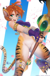 Rule 34 | 1girl, animal ears, armlet, breasts, breath of fire, breath of fire ii, bustier, cat ears, cat tail, claws, facial mark, fluff kevlar, furry, furry female, gloves, green eyes, highres, no panties, no pants, no pussy, orange hair, pointy ears, rinpoo chuan, short hair, solo, staff, tail, weapon