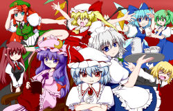Rule 34 | &gt;:), &gt; &lt;, 6+girls, :d, :o, > <, ^ ^, aqua eyes, arms up, ascot, bespectacled, blonde hair, blue eyes, blue hair, book, bow, braid, breasts, brooch, chair, china dress, chinese clothes, cirno, closed eyes, crescent, crossed arms, cup, daiyousei, dress, dress shirt, embodiment of scarlet devil, everyone, fang, flandre scarlet, glasses, green eyes, green hair, grey hair, grin, hair bow, hair ribbon, hand on own chest, happy, hat, hat ribbon, head wings, herenettuxa, hong meiling, izayoi sakuya, jewelry, koakuma, light smile, long hair, long sleeves, maid, maid headdress, medium breasts, multiple girls, necktie, no wings, open book, open mouth, outstretched arms, patchouli knowledge, pince-nez, purple eyes, purple hair, reading, red background, red eyes, red hair, red theme, remilia scarlet, ribbon, rumia, salute, shirt, short hair, side ponytail, simple background, sitting, skirt, skirt set, small breasts, smile, spread arms, star (symbol), sweatdrop, teacup, teapot, touhou, tray, twin braids, v-shaped eyebrows, v arms, vest, wallpaper, wings, xd