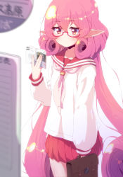 Rule 34 | 1girl, bespectacled, blouse, blurry, blurry foreground, book, briefcase, bus stop, closed mouth, commentary request, contemporary, cowboy shot, depth of field, drill hair, glasses, highres, holding, holding book, light frown, long hair, miniskirt, neckerchief, neneka (princess connect!), pink hair, pink neckerchief, pointy ears, princess connect!, reading, red-framed eyewear, red eyes, red skirt, school briefcase, school uniform, serafuku, shirt, simple background, skirt, solo, standing, sw (taco), twintails, very long hair, white background, white shirt