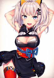 Rule 34 | 1girl, :d, armpits, arms behind head, arms up, bare shoulders, black dress, blue eyes, blush, breasts, cleavage, cleavage cutout, clothing cutout, cowboy shot, dress, eyebrows, eyelashes, hair ornament, hairclip, kaguya luna, legs apart, long hair, looking at viewer, maru (sw1tch), medium breasts, multicolored eyes, obi, open mouth, pink eyes, red thighhighs, ribbon, sash, short dress, silver hair, sleeveless, sleeveless dress, smile, solo, standing, striped ribbon, the moon studio, thighhighs, tongue, tsurime, turtleneck, twintails, vertical stripes, virtual youtuber, x hair ornament, zettai ryouiki