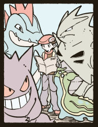 Rule 34 | 1boy, black border, black eyes, blue background, border, brown hair, closed mouth, commentary request, creatures (company), expressionless, feraligatr, full body, game freak, gastrodon, gastrodon (east), gedougawa, gen 1 pokemon, gen 2 pokemon, gen 4 pokemon, gengar, grey pants, holding, holding map, lucas (pokemon), map, nintendo, pants, poke ball symbol, pokemon, pokemon (creature), pokemon dppt, reading, red headwear, red scarf, scarf, simple background, standing, tyranitar