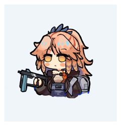 Rule 34 | :o, arknights, backpack, bag, black jacket, blush stickers, chibi, cropped torso, daoshi niang lan er, grey background, gun, highres, holding, holding gun, holding weapon, jacket, long hair, long sleeves, looking away, open clothes, open jacket, orange eyes, orange hair, parted lips, pinecone (arknights), ponytail, puffy long sleeves, puffy sleeves, simple background, upper body, weapon