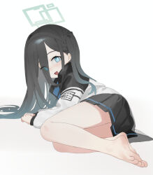 Rule 34 | 1girl, aris (blue archive), barefoot, black hair, blue archive, blue eyes, feet, lazhuzelazhuze, light blush, long hair, looking at viewer, open mouth, soles, toes