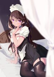 1girl amana_(pocketkey) black_thighhighs blurry brown_hair depth_of_field garter_straps heart heart-shaped_pupils highres long_hair maid original purple_eyes solo symbol-shaped_pupils tagme thighhighs