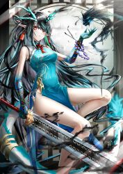 Rule 34 | 1girl, aqua dress, arknights, bare legs, bare shoulders, bead bracelet, beads, black hair, bracelet, breasts, china dress, chinese clothes, commentary, dress, dusk (arknights), dusk (everything is a miracle) (arknights), feet out of frame, hand up, highres, holding, holding sword, holding weapon, horns, jewelry, long hair, looking at viewer, medium breasts, official alternate costume, on (yattemasu), orange eyes, pointy ears, sleeveless, sleeveless dress, solo, sword, thighs, very long hair, weapon