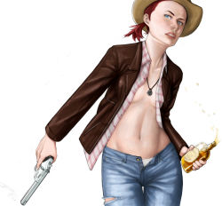 Rule 34 | 1girl, alcohol, bad id, bad pixiv id, blue eyes, breasts, denim, fallout (series), fallout: new vegas, gun, handgun, hat, jeans, jewelry, midriff, navel, necklace, no bra, open clothes, open fly, open shirt, pants, ponytail, red hair, revolver, rose of sharon cassidy, shirt, small breasts, solo, unbuttoned, unzipped, weapon, whiskey, yorimitsu