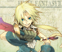 Rule 34 | 00s, 1boy, ascot, blonde hair, blue eyes, character name, chimachi, copyright name, dagger, earrings, final fantasy, final fantasy ix, gloves, grin, jewelry, knife, long hair, male focus, ponytail, single earring, smile, solo, tail, weapon, yellow background, zidane tribal