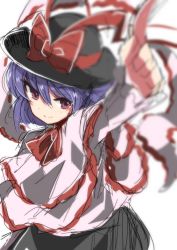 Rule 34 | 1girl, alternate eye color, arm up, ascot, black hat, black skirt, blue hair, blurry, blush, bow, capelet, frills, from above, hair between eyes, hat, hat bow, highres, long sleeves, looking at viewer, nagae iku, outstretched arm, pointing, pointing finger, purple eyes, red bow, red ribbon, ribbon, scarlet weather rhapsody, shawl, short hair, simple background, skirt, solo, takeshima eku, touhou, white background