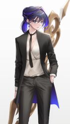Rule 34 | 1girl, absurdres, alternate costume, alternate hairstyle, black hair, blue eyes, blue hair, earrings, formal, hand on pocket, highres, hololive, hololive english, jewelry, multicolored hair, necktie, ouro kronii, pants, serious, somebody (leiking00), suit, sword, virtual youtuber, weapon