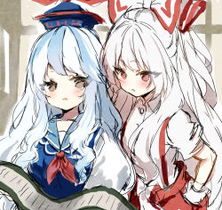 Rule 34 | 2girls, blue dress, blue hair, blue headwear, blush, bow, brown eyes, commentary request, dress, fujiwara no mokou, hair bow, kamishirasawa keine, long hair, looking at another, multicolored hair, multiple girls, open mouth, pants, pinafore dress, piyokichi, puffy short sleeves, puffy sleeves, red pants, shirt, short sleeves, silver hair, sleeveless dress, streaked hair, suspenders, touhou, upper body, white bow, white shirt, wrist cuffs