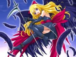 Rule 34 | 1girl, angel, angel wings, black wings, blonde hair, boots, bow, bowtie, breasts, buckle, dress, elbow gloves, feathers, fifth, garter straps, gloves, hair bow, lingerie, long hair, nonohara miki, open mouth, purple eyes, scythe, small breasts, smile, solo, thigh boots, thighhighs, underwear, upskirt, wings