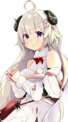 Rule 34 | 1girl, ahoge, animal ears, bag, blush, bow, bowtie, braid, breasts, brooch, closed mouth, commentary, cowboy shot, detached sleeves, dress, eyelashes, french braid, fur-trimmed dress, fur-trimmed sleeves, fur trim, hair between eyes, hair ornament, hairclip, handbag, highres, hololive, horns, jewelry, lips, long hair, looking at viewer, medium breasts, own hands together, purple eyes, red bow, sheep ears, sheep horns, silver hair, simple background, smile, solo, straight hair, tsunomaki watame, tsunomaki watame (1st costume), virtual youtuber, white background, white dress, yuyaiyaui