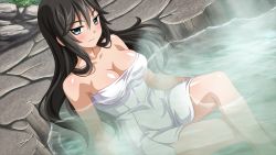 Rule 34 | 1girl, bare shoulders, black hair, blue eyes, blush, breasts, cleavage, collarbone, crossed legs, dutch angle, from side, game cg, greeze18, hair between eyes, large breasts, light smile, long hair, looking at viewer, naked towel, naughty face, onsen, outdoors, partially submerged, rock, sakura spirit, shiny skin, sitting, smile, solo, steam, sukino miyo, towel, very long hair, wanaca, water, wavy hair, white towel, winged cloud