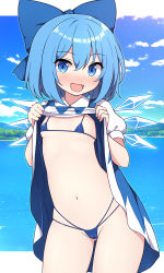 Rule 34 | 1girl, :d, bikini, blue bow, blue dress, blue eyes, blue hair, blush, bow, breasts, cirno, cleft of venus, clothes lift, cloud, cloudy sky, collared shirt, cowboy shot, dress, dress lift, hair between eyes, hair bow, highres, horizon, ice, ice wings, lake, lifted by self, long dress, looking at viewer, medium hair, micro bikini, navel, open mouth, outdoors, outside border, paid reward available, pinafore dress, rizento, shirt, sky, sleeveless dress, small breasts, smile, solo, swimsuit, touhou, water, white shirt, wings