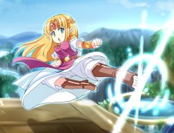 Rule 34 | 1girl, aura, belt, blonde hair, blue sky, blurry, blurry background, bracer, brown footwear, clenched hands, commentary, day, depth of field, diffraction spikes, dress, flying kick, forest, frown, green eyes, highres, jewelry, jumping, kicking, kitayama miuki, long hair, looking at viewer, medium dress, mountain, nature, necklace, nintendo, open mouth, open toe boots, outdoors, pants, pants under dress, parted bangs, pelvic curtain, pointy ears, pool, princess zelda, river, shadow, short sleeves, sky, solo, super smash bros., the legend of zelda, tiara, white dress, white pants