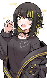 Rule 34 | !, 1girl, arrow (symbol), black choker, black hair, black jacket, black nails, black shirt, blonde hair, choker, claw pose, collarbone, commentary, cross-laced clothes, cross-laced sleeves, eyelashes, gougoku, hand up, heart, heart print, highres, idolmaster, idolmaster shiny colors, ikaruga luca, jacket, light blush, long sleeves, looking at viewer, multicolored hair, nail polish, open mouth, shirt, short hair, sidelocks, solo, teeth, two-tone hair, upper body, upper teeth only, v-shaped eyebrows, white background, yellow eyes