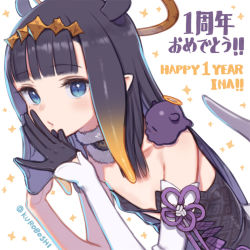 Rule 34 | 1girl, anniversary, black dress, black gloves, blue eyes, blunt bangs, blush, commentary, detached collar, detached sleeves, dress, english text, fingers together, flat chest, flower knot, fur-trimmed collar, fur trim, gloves, gradient hair, halo, headpiece, hololive, hololive english, kuroboshi kouhaku, long hair, looking at viewer, mole, mole under eye, multicolored hair, ninomae ina&#039;nis, orange hair, own hands together, puckered lips, purple hair, simple background, single sleeve, solo, sparkle, straight hair, strapless, strapless dress, takodachi (ninomae ina&#039;nis), tentacle hair, tube dress, twitter username, two-tone hair, upper body, virtual youtuber, white background