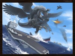Rule 34 | aircraft, aircraft carrier, airplane, battle, claws, cloud, destruction, dragon, epic, fangs, feathers, fire, flying, furry, giant, military, military vehicle, monster, ocean, open mouth, ship, sinking, smoke, tail, trancy mick, uss enterprise (cvn 65), warship, watercraft, wings