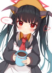 Rule 34 | 1girl, apron, black hair, blue archive, blunt bangs, blush, coffee mug, commentary request, cup, fuuka (blue archive), hair between eyes, halo, haseya 8791, heart, highres, horns, long hair, looking at viewer, mug, red eyes, school uniform, simple background, smile, solo, split mouth, very long hair, white background