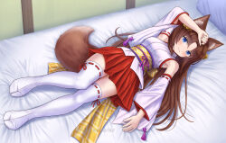 Rule 34 | 1girl, animal ear fluff, animal ears, arm up, bare shoulders, bed, bell, blue eyes, blush, brown hair, closed mouth, commentary request, detached sleeves, fox ears, fox girl, fox tail, full body, hair bell, hair between eyes, hair ornament, highres, indoors, iroha (iroha matsurika), japanese clothes, jingle bell, kimono, long hair, long sleeves, looking at viewer, lying, no shoes, nontraditional miko, obi, on back, on bed, original, parted bangs, pillow, pleated skirt, red skirt, ribbon-trimmed legwear, ribbon-trimmed sleeves, ribbon trim, sash, skirt, sleeveless, sleeveless kimono, smile, solo, tabi, tail, thighhighs, twitter username, very long hair, white kimono, white sleeves, white thighhighs, wide sleeves