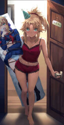 Rule 34 | 1girl, alternate costume, artoria pendragon (all), artoria pendragon (fate), blonde hair, blue eyes, blush, breasts, camisole, dakimakura (object), doorway, expressionless, fate/apocrypha, fate/grand order, fate (series), frilled shorts, frills, gluteal fold, groin, hat, highres, implied yuri, lipstick mark, looking at viewer, master artoria, midriff, mordred (fate), mother and daughter, navel, no pants, panties, party hat, pillow, ponytail, pov doorway, red camisole, red panties, red scrunchie, red shorts, scrunchie, shirt, short shorts, shorts, small breasts, solo, striped, tonee, underwear