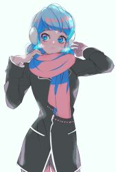 Rule 34 | 1girl, black jacket, blue background, blue eyes, blue hair, closed mouth, headband, highres, jacket, light blush, looking to the side, marinette dupain-cheng, miraculous ladybug, pink shawl, seio (nao miragggcc45), shawl, short twintails, simple background, solo, twintails