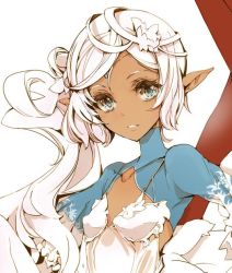 Rule 34 | 1girl, blue eyes, breasts, circlet, collarbone, covered erect nipples, dark-skinned female, dark elf, dark skin, elf, endou okito, hair ornament, long hair, original, parted lips, pointy ears, side ponytail, simple background, small breasts, solo, white background, white hair