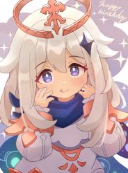 Rule 34 | 1girl, :q, asymmetrical hair, blue eyes, blue scarf, blush stickers, closed mouth, dress, genshin impact, hair between eyes, hair ornament, halo, happy birthday, highres, holding, holding clothes, holding scarf, long hair, long sleeves, looking at viewer, nomio, paimon (genshin impact), scarf, short hair, smile, sparkle, tongue, tongue out, white dress, white hair