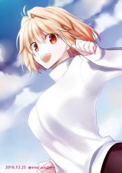 Rule 34 | 1girl, 2016, :d, antenna hair, arcueid brunestud, blonde hair, cloud, dated, day, from below, hair between eyes, hair intakes, long sleeves, looking at viewer, nina (pastime), open mouth, outdoors, red eyes, short hair, smile, solo, sweater, tsukihime, turtleneck, turtleneck sweater, twitter username, upper body, white sweater