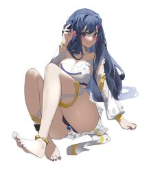 Rule 34 | 1girl, absurdres, anal, anal object insertion, anklet, arknights, ass, astesia (arknights), barefoot, black panties, blue eyes, blue hair, blush, braid, breasts, butt plug, cleavage, clothing aside, detached sleeves, highres, jewel butt plug, jewelry, large breasts, long hair, long sleeves, looking at viewer, nail polish, no.1 machine, object insertion, panties, panties aside, sex toy, shirt, simple background, sitting, smile, solo, thighs, toenail polish, toenails, underwear, white background, white shirt, white sleeves