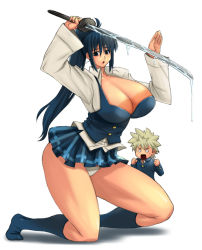 Rule 34 | 1boy, 1girl, artist request, black eyes, blue hair, blush, breasts, character request, cleavage, huge breasts, large breasts, long hair, panties, school uniform, source request, sword, underwear, weapon