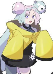 Rule 34 | 1girl, :d, bow-shaped hair, character hair ornament, commentary request, creatures (company), game freak, green hair, grey shirt, hair ornament, happy, highres, iono (pokemon), jacket, kusunoki toona, long hair, looking at viewer, multicolored hair, nintendo, open mouth, pink hair, pokemon, pokemon sv, purple eyes, shirt, single leg pantyhose, sleeveless, sleeveless shirt, sleeves past fingers, sleeves past wrists, smile, solo, star (symbol), star print, teeth, thigh strap, tongue, two-tone hair, upper teeth only, yellow jacket