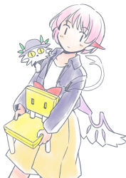 Rule 34 | 1girl, alternate costume, animal, animal ears, bird ears, bird wings, black jacket, blush, cat, closed mouth, collarbone, cowboy shot, holding, jacket, long sleeves, mystia lorelei, open clothes, open jacket, pink hair, rangycrow, short hair, simple background, skirt, solo, touhou, white background, white wings, wings, yellow skirt