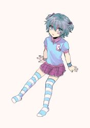 Rule 34 | 1girl, aged down, alternate costume, aqua eyes, aqua hair, arms at sides, blue shirt, blue thighhighs, blush, blush stickers, bracelet, child, collared shirt, frilled skirt, frills, genderswap, genderswap (mtf), hair between eyes, hair ribbon, highres, hiyori sou, jewelry, kimi ga shine, looking at viewer, miniskirt, no shoes, parted lips, pink ribbon, pleated skirt, polo shirt, purple skirt, ribbon, shirt, short hair, short sleeves, simple background, sitting, skirt, solo, striped clothes, striped thighhighs, thighhighs, twintails, uououoon, white background