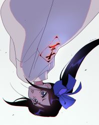 Rule 34 | 1girl, black hair, bleach, blush, breasts, hair between eyes, highres, japanese clothes, kuchiki rukia, long hair, long sleeves, looking at viewer, okihana, open mouth, purple eyes, shinigami, side ponytail, small breasts, solo, white background