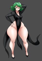 Rule 34 | 1girl, arm behind head, bare legs, black background, black dress, bottomless, breasts, collarbone, curly hair, curvy, dress, full body, green eyes, green hair, hand on own hip, highres, long sleeves, looking at viewer, one-punch man, shiny skin, short hair, skin tight, small breasts, solo, tatsumaki, thecon, thick thighs, thighs, undersized clothes, wide hips