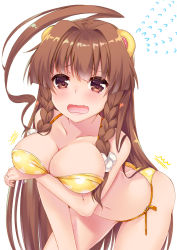Rule 34 | 1girl, ahoge, alternate breast size, bad anatomy, bikini, blush, breasts, brown eyes, brown hair, collarbone, commentary request, fang, flying sweatdrops, highres, huge ahoge, jewelry, kantai collection, ko yu, kuma (kancolle), large breasts, long hair, open mouth, ring, simple background, solo, swimsuit, tears, wedding band, white background, yellow bikini