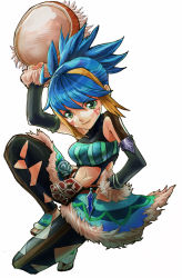 Rule 34 | 1girl, blue hair, breasts, female focus, final fantasy, final fantasy crystal chronicles, full body, midriff, red eyes, selkie, simple background, solo, white background