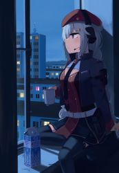 Rule 34 | 1girl, absurdres, beret, black necktie, blue eyes, braid, breasts, city, cleavage cutout, clothing cutout, commentary, cup, girls&#039; frontline, hair ornament, hairclip, hat, headset, highres, hinami047, medium breasts, milk carton, mug, necktie, night, ots-12 (girls&#039; frontline), red hat, silver hair, solo, star (symbol), star hair ornament, symbol-shaped pupils, thighhighs, twin braids, window